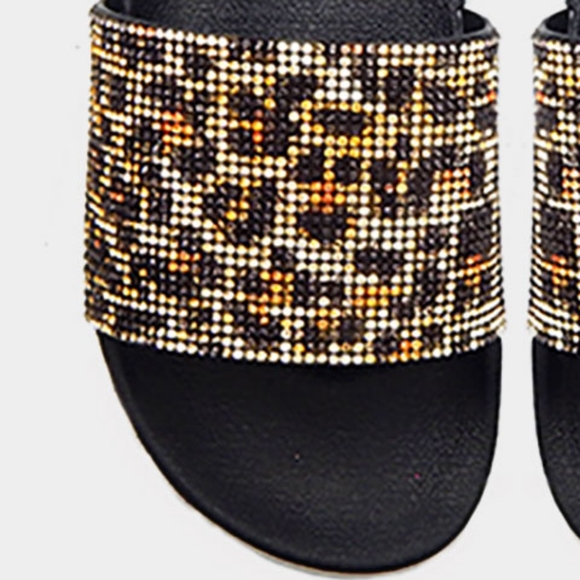 Gold Black Leopard Crystal Slides Slippers Sandals - Picture 2 of 2